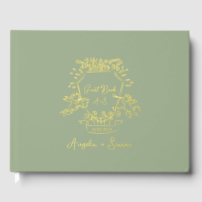 Gold Foil Hand drawn Crest Sage Green Wedding Foil Guest Book (Front)