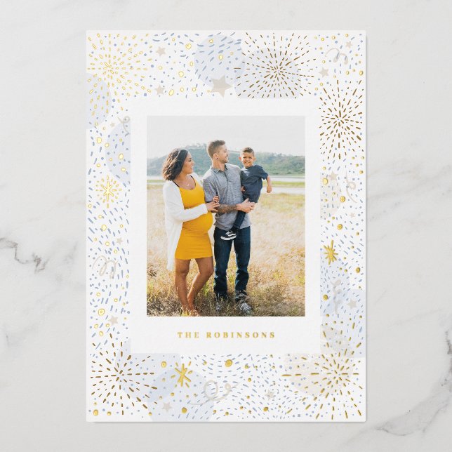 Gold Foil Handdrawn Fireworks New Years Photo Card (Front)