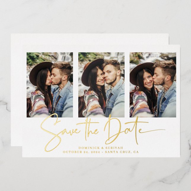 Gold Foil Handwritten Save the Date Multiple Photo Invitation (Front/Back)