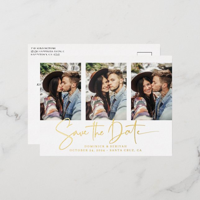 Gold Foil Handwritten Save the Date Multiple Photo Invitation Postcard (Front/Back)