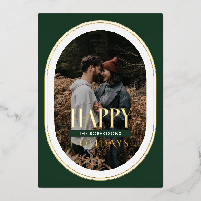 Gold Foil Happy Holidays Green Oval Frame Photo Foil Holiday Card (Front)