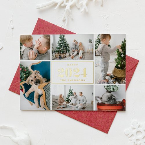 Gold Foil Happy New Year 2024 Photo Collage Foil Holiday Card