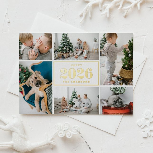 Gold Foil Happy New Year 2026 Photo Collage Foil Holiday Card (Send 2026 new year cheer with this customizable gold foil photo collage Happy New Year Card. )