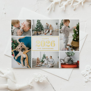 Gold Foil Happy New Year 2026 Photo Collage Holiday Card