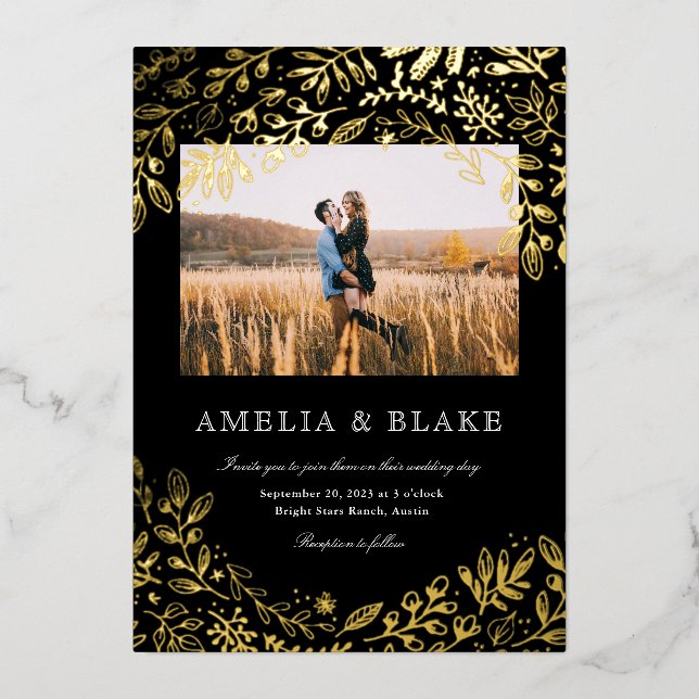 Gold Foil Harvest Flowers Photo Wedding Invitation Foil Invitation (Front)