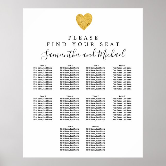 Gold Foil Heart 10-Table Wedding Seating Chart (Front)