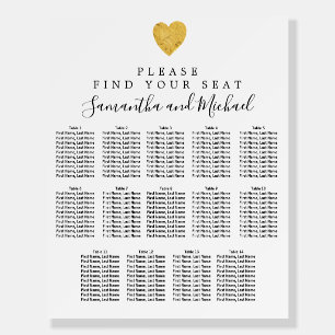 Gold Foil Heart 14-Table Wedding Seating Chart Foam Board