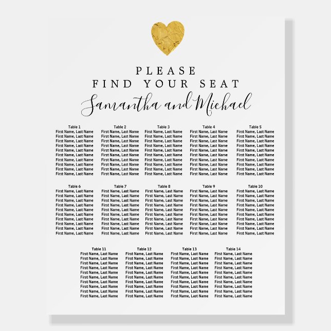 Gold Foil Heart 14-Table Wedding Seating Chart Foam Board (Front)