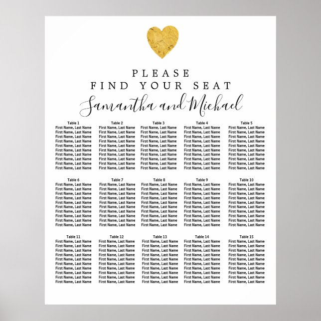 Gold Foil Heart 15-Table Wedding Seating Chart (Front)
