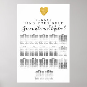 Gold foil Heart 17-Table Wedding Seating Chart