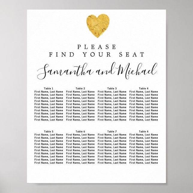 Gold foil Heart 8-Table Wedding Seating Chart (Front)