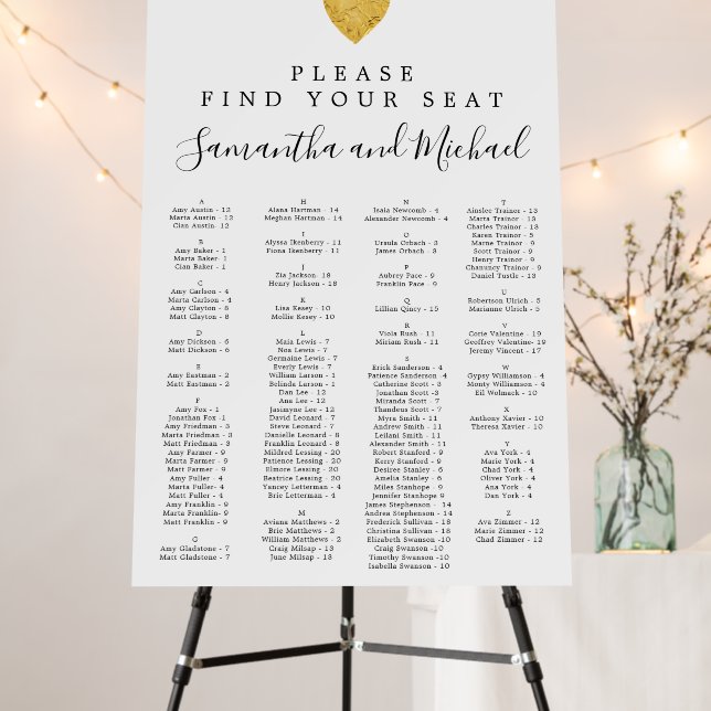 Gold Foil Heart Alphabetical Wedding Seating Chart Foam Board (In Situ (Stand))