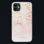 Gold Foil Heart Confetti Pink Bokeh Personalized iPhone 11 Case<br><div class="desc">Feminine and modern personalized iPhone case featuring gold foil heart confetti and pink bokeh background. Personalize by adding a name or short phrase.</div>
