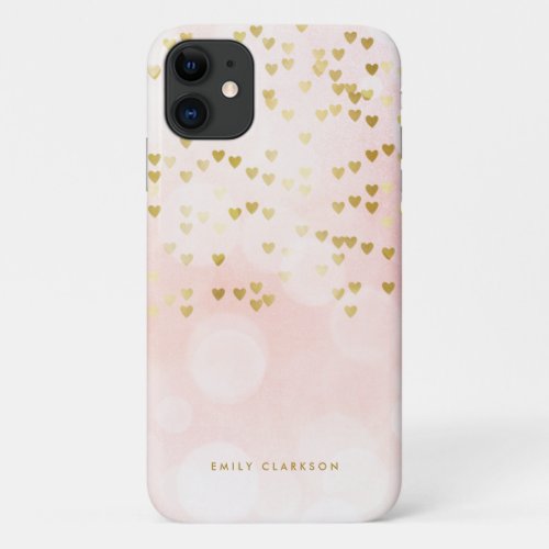 Gold Foil Heart Confetti Pink Bokeh Personalized iPhone 11 Case