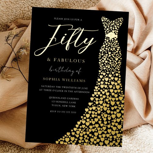 Gold Foil Heart Dress 50th Birthday Party Golden Foil Invitation