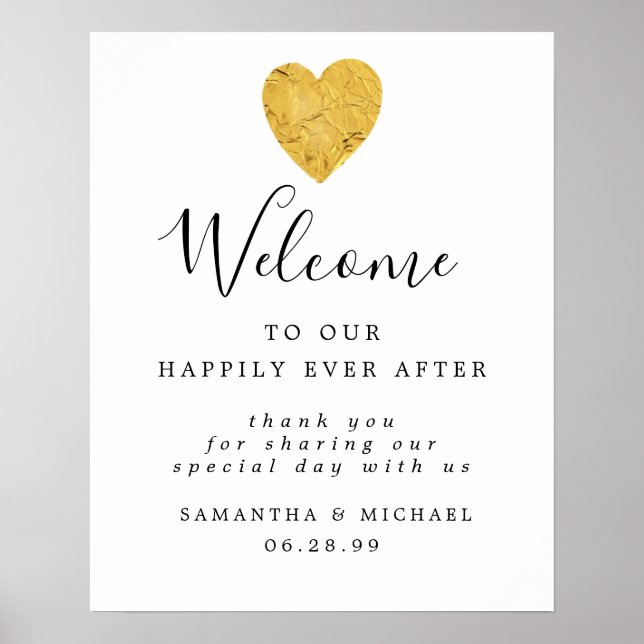 Gold Foil Heart Elegant Wedding Welcome Sign (Front)