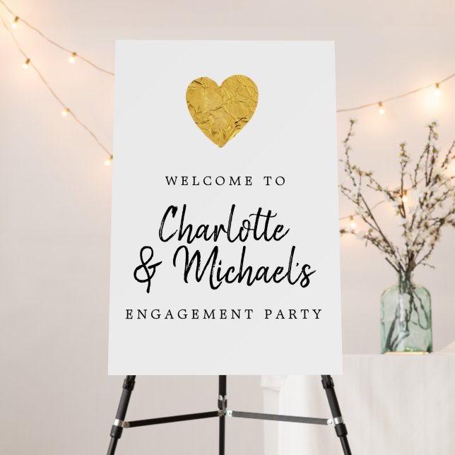 Gold Foil Heart Engagement Party Welcome Foam Board (In Situ (Stand))