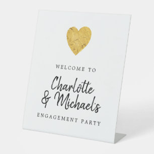 Gold Foil Heart Engagement Party Welcome Pedestal Sign