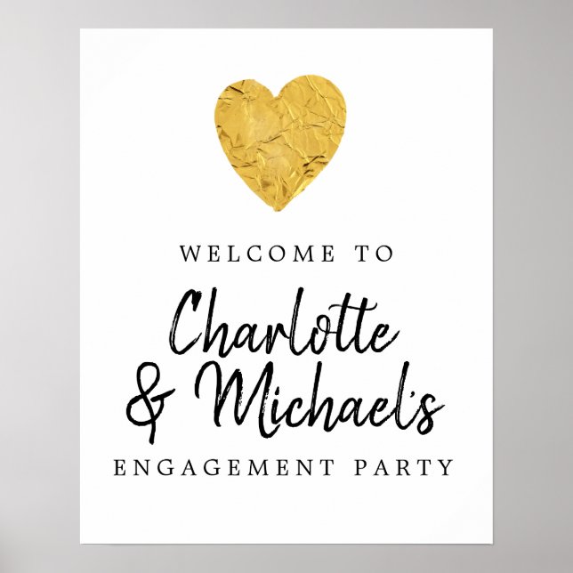 Gold Foil Heart Engagement Party Welcome Sign (Front)