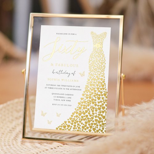 Gold Foil Heart Gown 60th Birthday Party Real Foil Invitation
