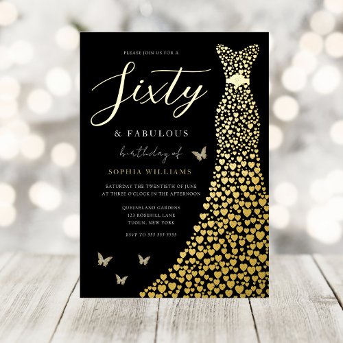 Gold Foil Heart Gown Black 60th Birthday Party Foil Invitation