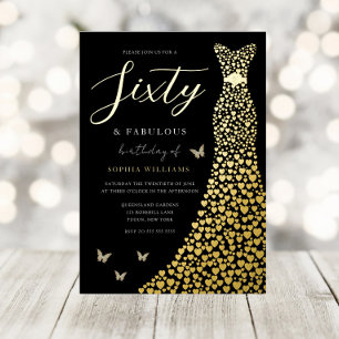 Gold Foil Heart Gown Black 60th Birthday Party Invitation