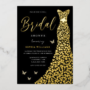 Gold Foil Heart Gown with Black Bridal Shower Foil Invitation
