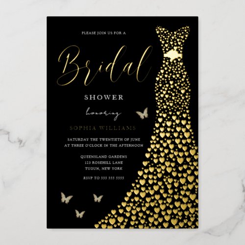 Gold Foil Heart Gown with Black Bridal Shower  Foil Invitation