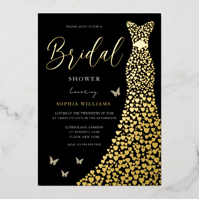 Gold Foil Heart Gown with Black Bridal Shower  Foil Invitation (Front)