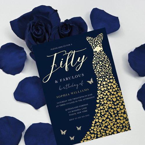 Gold Foil Heart Gown with Navy 50th Birthday Party Foil Invitation