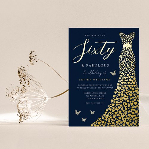 Gold Foil Heart Gown with Navy 60th Birthday Party Foil Invitation