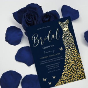 Gold Foil Heart Gown with Navy Bridal Shower Foil Invitation