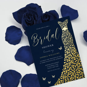 Gold Foil Heart Gown with Navy Bridal Shower Invitation
