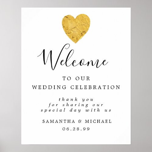 Gold Foil Heart Modern Welcome to Our Wedding Sign