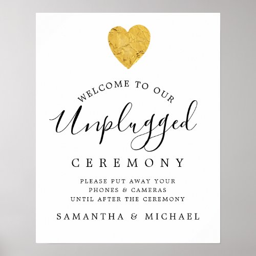 Gold Foil Heart Unplugged Wedding Ceremony Sign