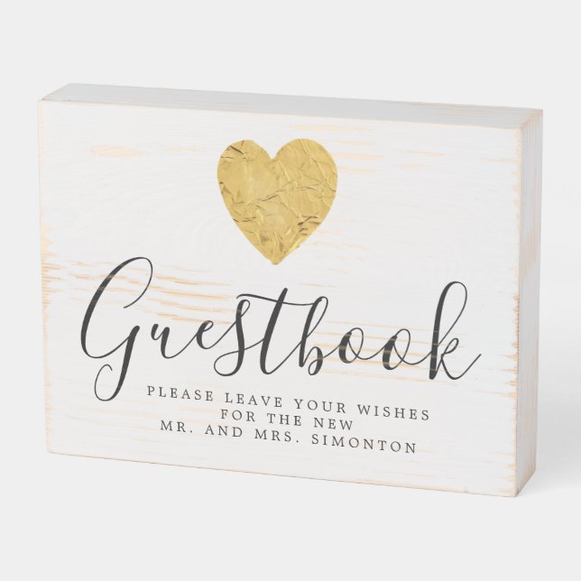 Gold Foil Heart Wedding Guestbook Wooden Box Sign (Angled Horizontal)