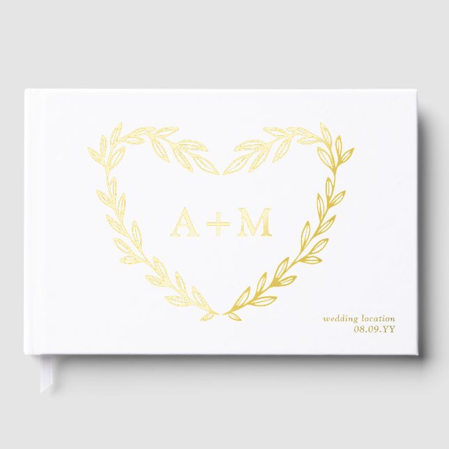 Gold Foil Heart Wreath 2 Initial Monogram Wedding Guest Book (Front)