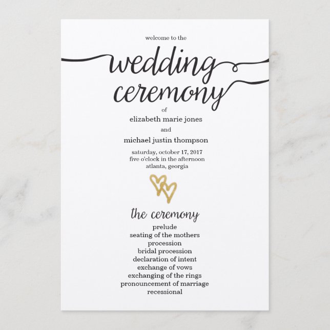 Gold Foil Hearts Kraft Paper Wedding Program (Front)