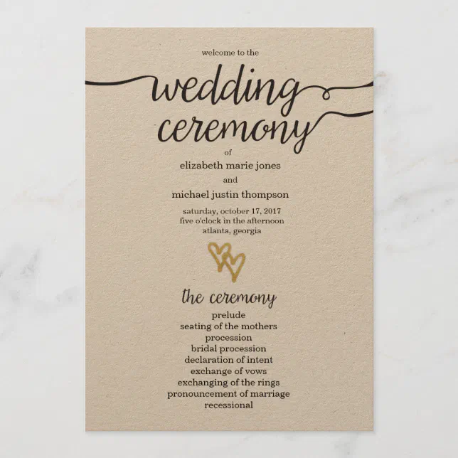 Gold Foil Hearts Kraft Paper Wedding Program Zazzle