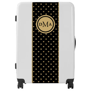 Gold Foil Hearts on Black - Monogrammed   Luggage