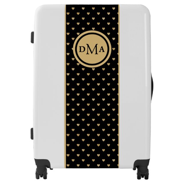 Gold Foil Hearts on Black - Monogrammed   Luggage (Front)
