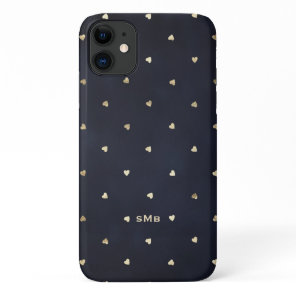 Gold Foil Hearts Pattern Navy Blue Monogram iPhone 11 Case