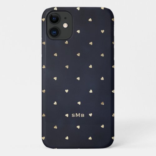 Gold Foil Hearts Pattern Navy Blue Monogram iPhone 11 Case