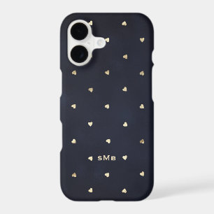Gold Foil Hearts Pattern Navy Blue Monogram iPhone 17 Case