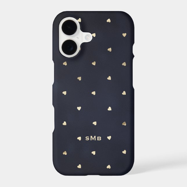 Gold Foil Hearts Pattern Navy Blue Monogram Iphone Case (Back)