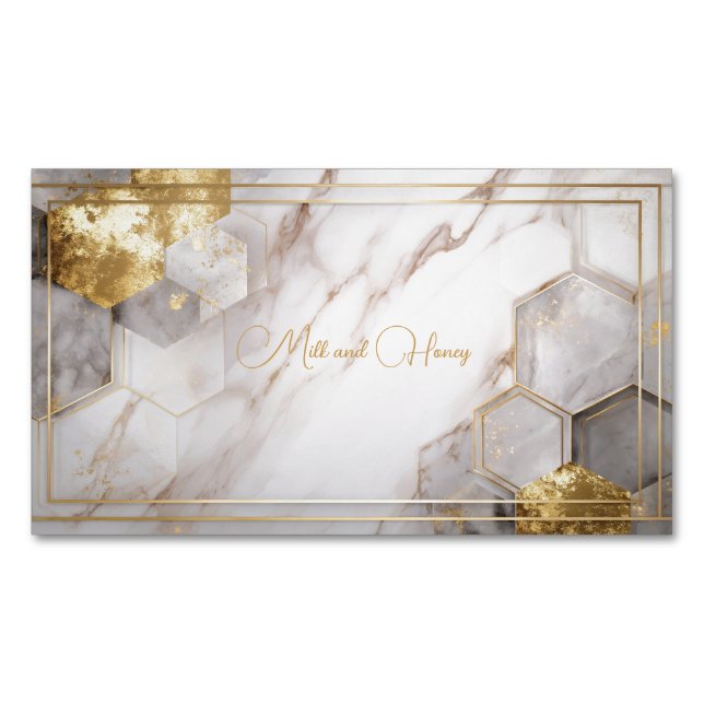 Gold Foil Hexagon Tile White Marble Geometric Business Card Magnet (Front)