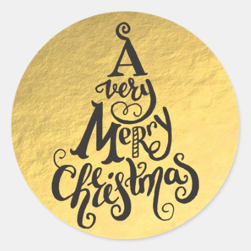 Gold Foil Holiday Christmas Tree MERRY CHRISTMAS Classic Round Sticker