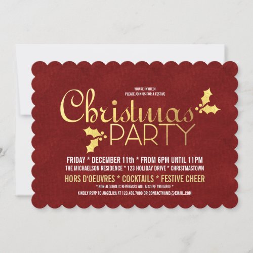Gold Foil Holly Christmas Party Invitation