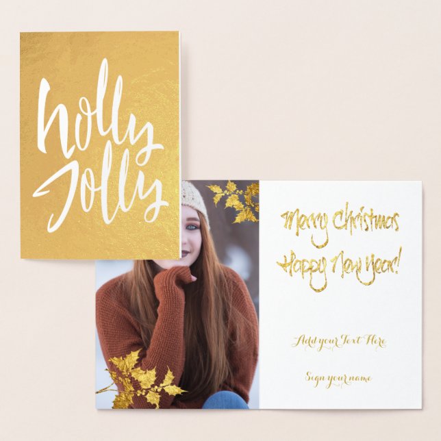 Gold Foil Holly Jolly Christmas YOUR PHOTO Inside Foil Card (Display)