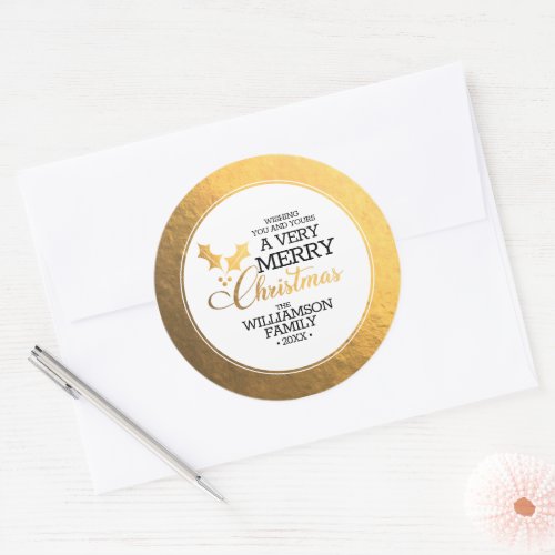 Gold Foil Holly Merry Christmas Classic Round Sticker
